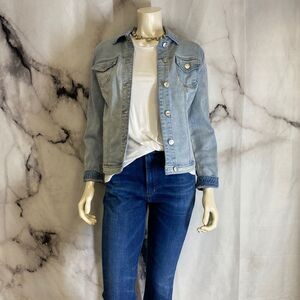 * Blue denim Chicos jacket with fun crochet back detail *